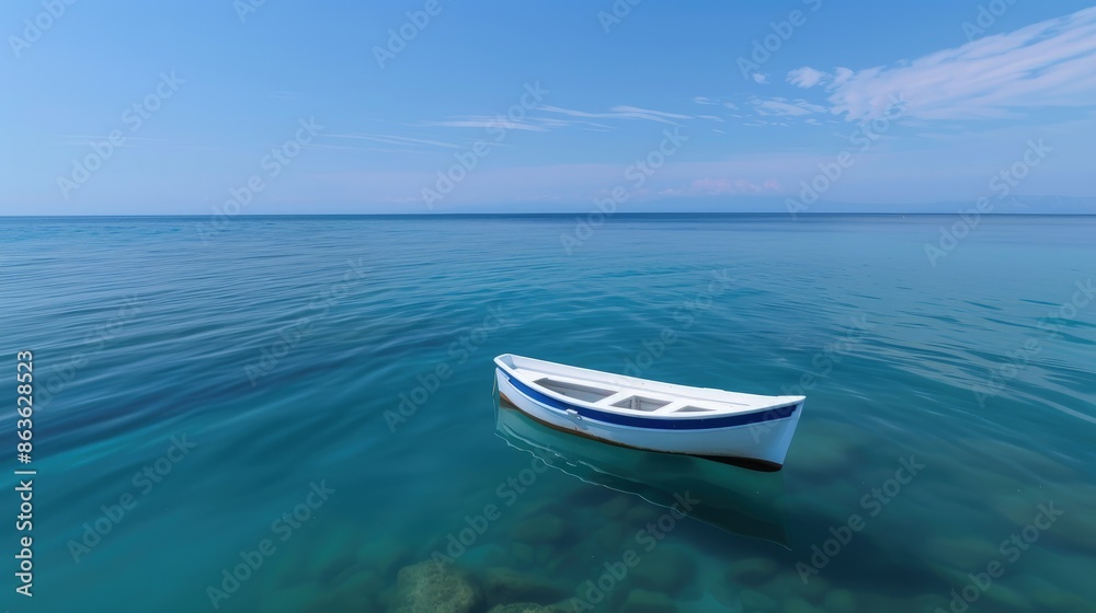 Naklejka premium A White Boat Amidst a Colorful Ocean, Teeming with Sea Creatures