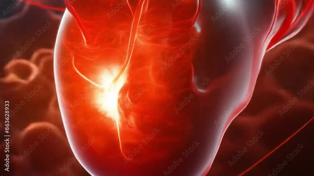 video 3D rendering of a human heart with highlighted arteries, Heart disease