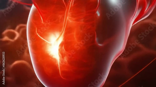 video 3D rendering of a human heart with highlighted arteries, Heart disease photo