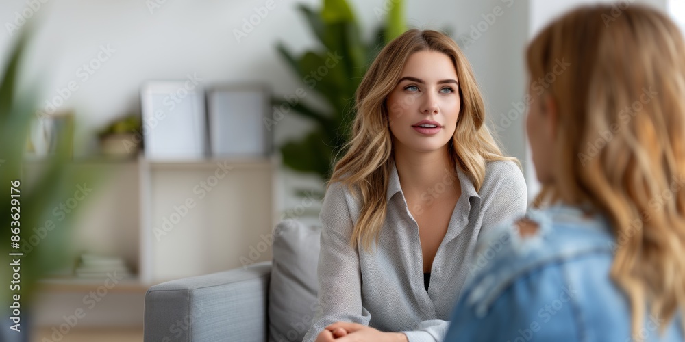 Empathetic Female Therapist Engaging in Thoughtful Conversation with Patient in Cozy Office Empathetic Female Therapist Engaging in Thoughtful Conversation with Patient in Cozy Office