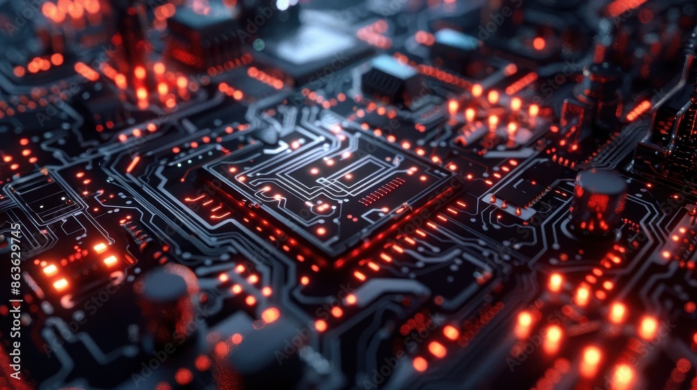 A computer chip with red lights. Concept of technology and innovation A computer chip with red lights. Concept of technology and innovation