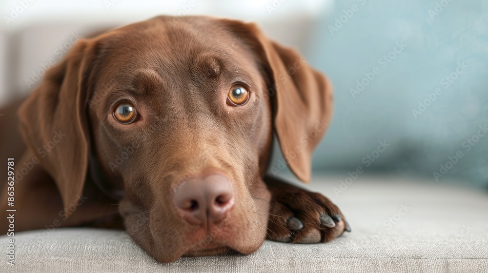 Serene Light Brown Dog Relaxing on Blue Couch Serene Light Brown Dog Relaxing on Blue Couch