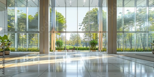 High-definition sharp focus captures the modern lobby s sleek architectural design  flooded with natural light from large glass windows