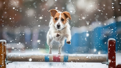 dog jumping in a participating winter event photo