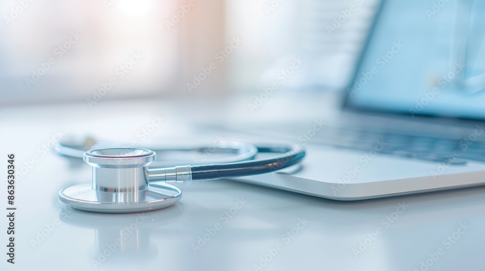 White Doctor's Stethoscope with Blue Wire on Office Workspace White Doctor's Stethoscope with Blue Wire on Office Workspace
