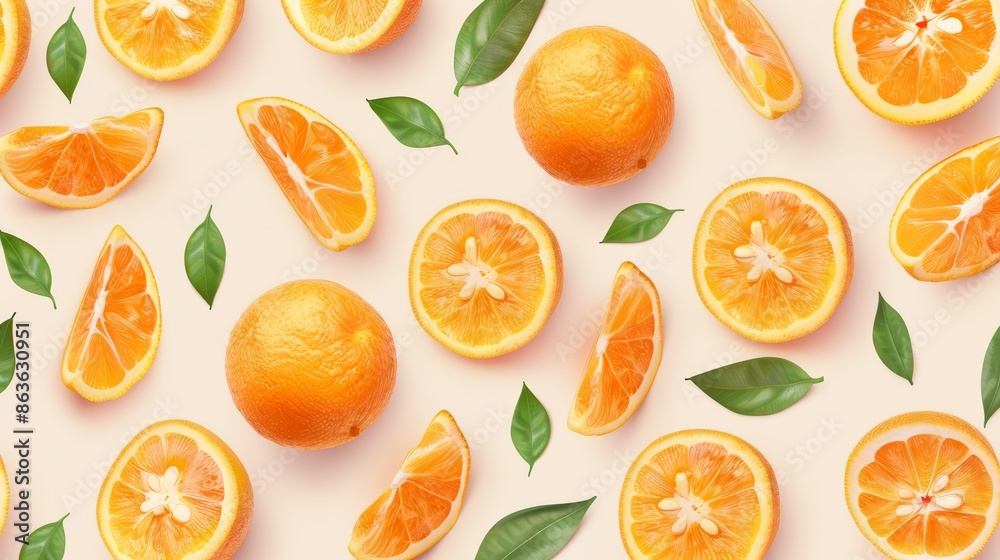 A vibrant pattern of fresh oranges and leaves on a pastel pink background. A vibrant pattern of fresh oranges and leaves on a pastel pink background.