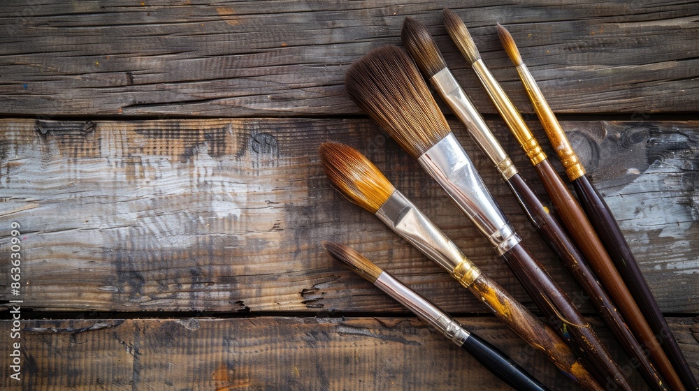 Fototapeta premium Artist s brushes on wooden background viewed from above