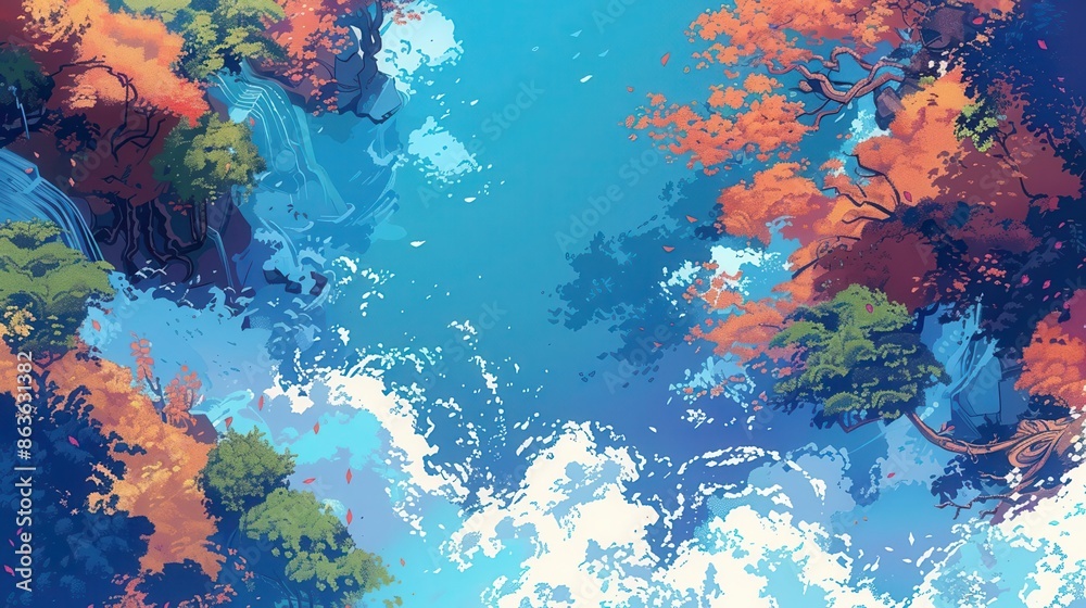 Naklejka premium 40 Digital pixel anime art flat design top view fantasy theme cartoon drawing Split-complementary color scheme