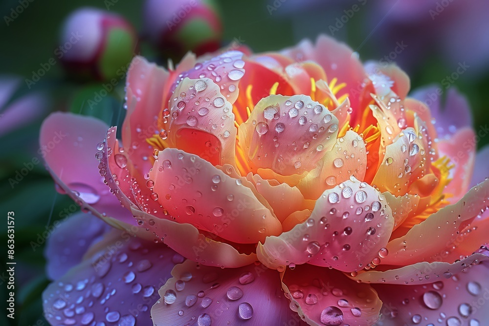 Raindrops cling to the delicate petals of a peony, each droplet reflecting the vibrant colors of the flower. The smooth, velvety texture of the petals contrasts with the clear, glo Raindrops cling to the delicate petals of a peony, each droplet reflecting the vibrant colors of the flower. The smooth, velvety texture of the petals contrasts with the clear, glo