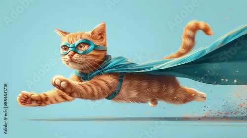 Super kitty in mid-flight, orange tabby with blue mask and cape, light blue background, cartoonish and fun, detailed digital illustration photo