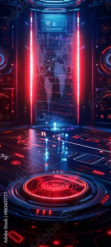 Futuristic glowing red and blue digital interface with holographic elements in a high-tech environment.