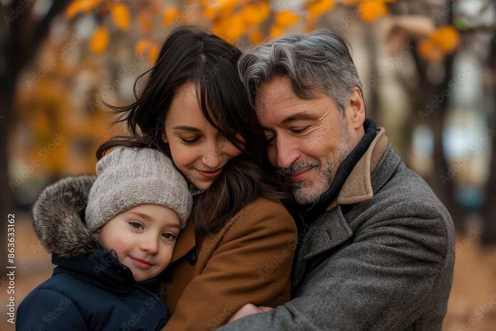 A small family hugging together in the park with obvious expressions of happiness
