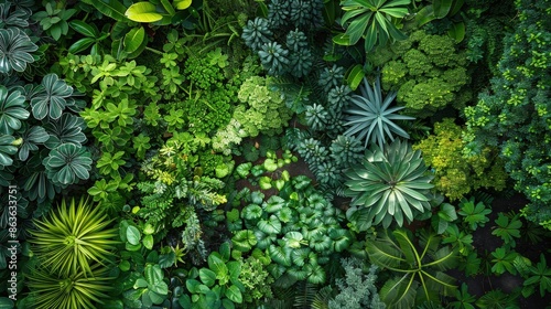 A vibrant collection of tropical plants and leaves creating a lush green foliage background, perfect for nature and botanical themes. photo