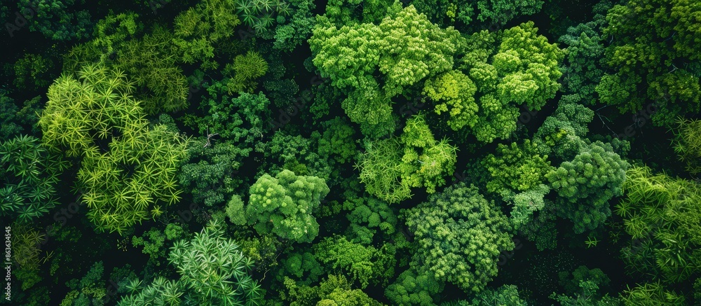 A stunning aerial view of a dense, lush green forest canopy showcasing diverse tree species and vibrant foliage. A stunning aerial view of a dense, lush green forest canopy showcasing diverse tree species and vibrant foliage.