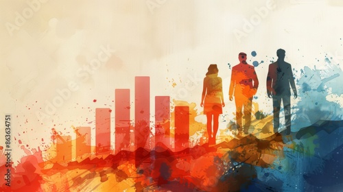 Silhouettes of three people stand on a rising bar graph, symbolizing success and growth. Watercolor background adds a vibrant and abstract feel.