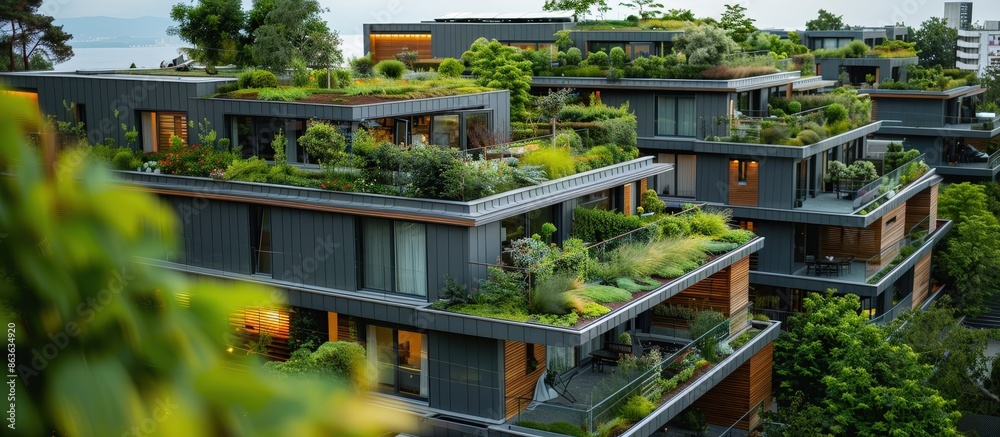 A contemporary apartment complex featuring lush green rooftop gardens, showcasing sustainable and eco-friendly architectural design. A contemporary apartment complex featuring lush green rooftop gardens, showcasing sustainable and eco-friendly architectural design.