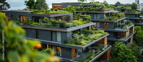 A contemporary apartment complex featuring lush green rooftop gardens, showcasing sustainable and eco-friendly architectural design. photo