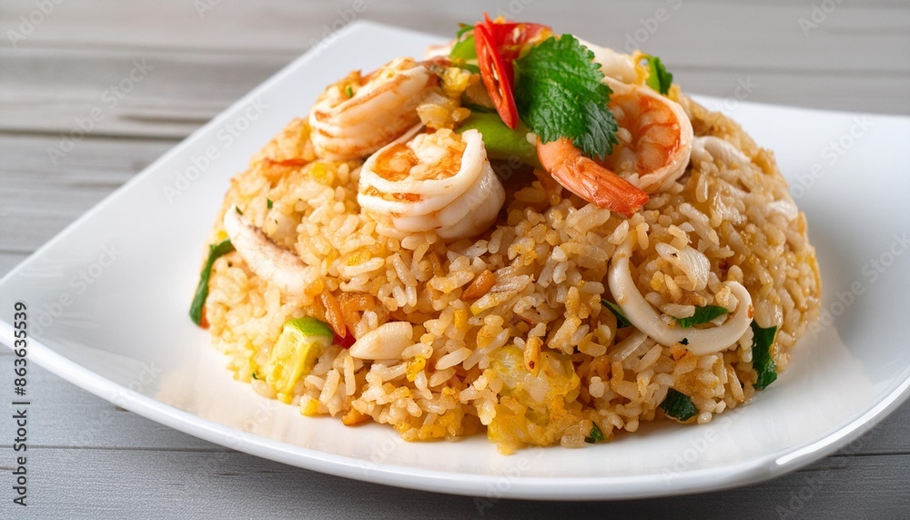 Seafood Tom Yum Fried Rice, stir-fried rice with shrimp and squid with chili sauce on a white plate. Seafood Tom Yum Fried Rice, stir-fried rice with shrimp and squid with chili sauce on a white plate.