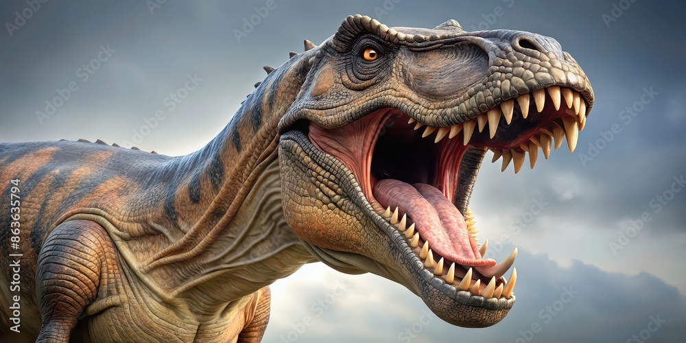 Obraz premium A detailed image of a tyrannosaurus rex dinosaur roaring , extinct, prehistoric, ancient, predator, carnivore, fierce, giant
