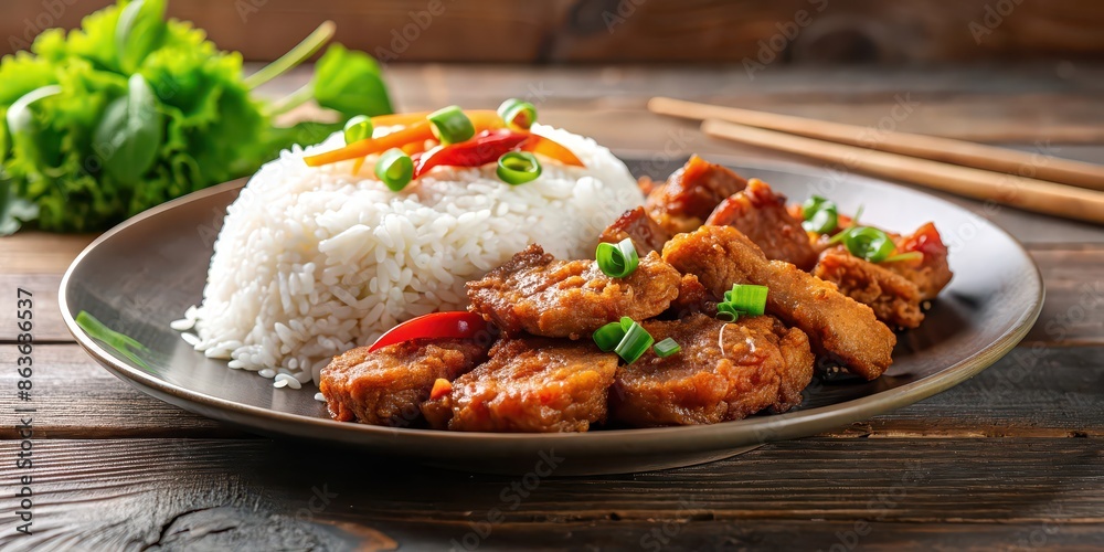 Delicious fried pork served with fluffy white rice on a plate, food, Asian cuisine, meal, homemade, savory, crispy, golden