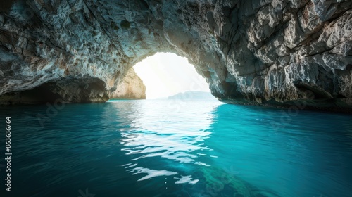 A breathtaking view of a serene ocean cave with turquoise waters and sunlight streaming through the entrance, creating a picturesque natural scene.