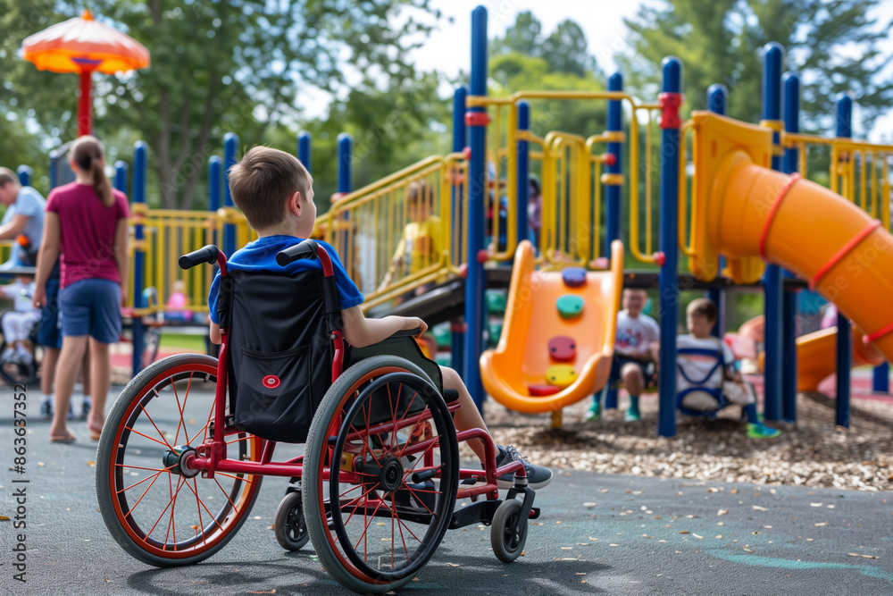 Obraz premium young boy in a wheelchair is smiling and sitting on a yellow and blue park bench. The scene is lively and cheerful, with other people in the background enjoying the park