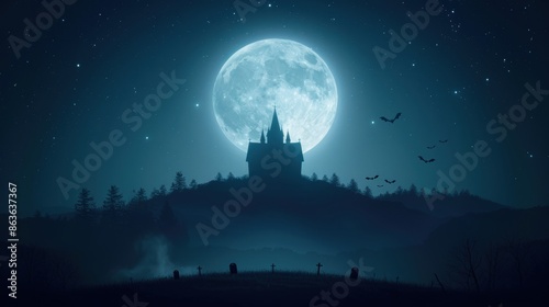 A haunting castle silhouette stands against a full moon background, surrounded by a dark forest with bats flying under a starry night sky. © narak0rn