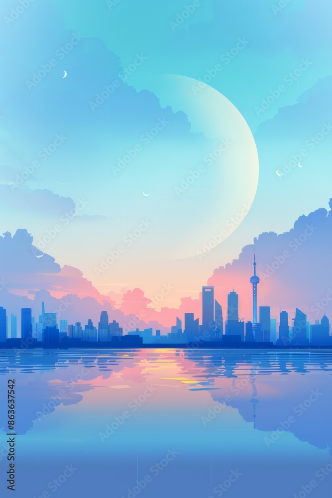 Fototapeta premium 雲と水の上の都市のスカイライン イラスト 背景