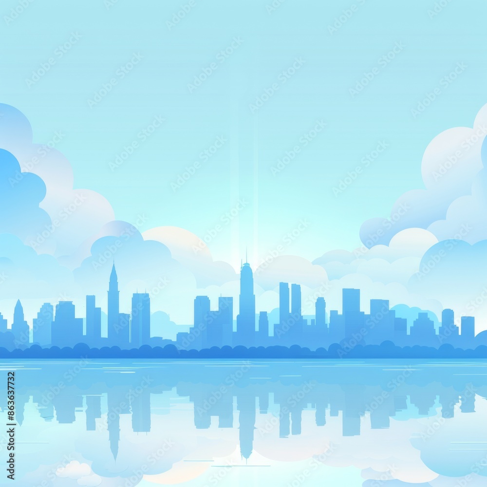 雲と水の上の都市のスカイライン イラスト 背景