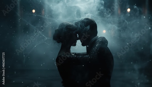 A romantic couple embraces in an ethereal, misty environment, creating a dreamy atmosphere filled with love and intimacy. photo