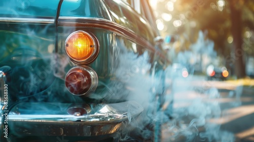 Vintage Car Emitting Exhaust Smoke in a Sunlit Urban Street, Capturing the Nostalgic Charm of Classic Automobiles and the Atmospheric Effects of Early Morning Light

 photo