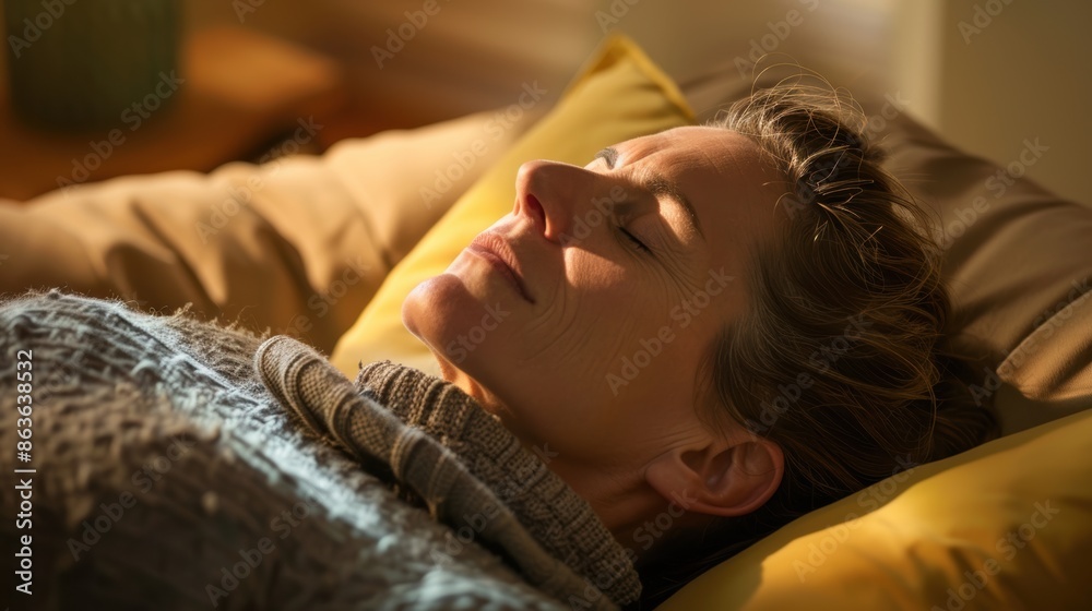 A cancer patient practicing progressive muscle relaxation techniques to release tension and prepare for sleep. A cancer patient practicing progressive muscle relaxation techniques to release tension and prepare for sleep.