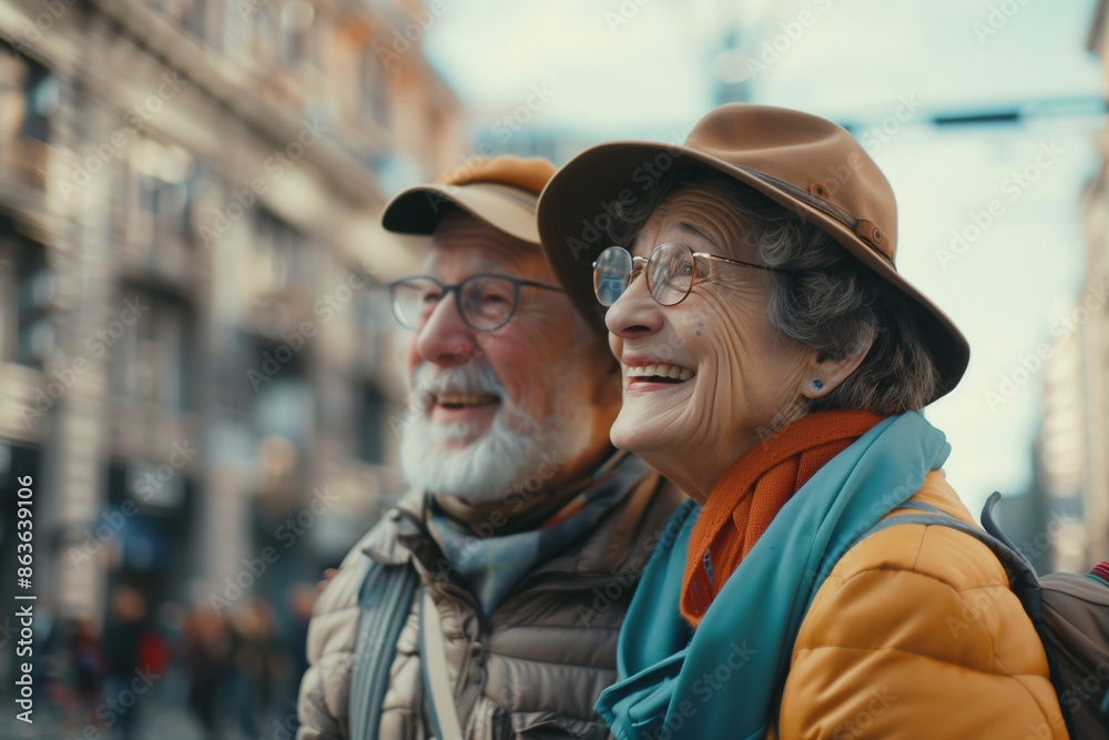 man and a woman are smiling and posing for a picture. The man is wearing a yellow jacket and a hat, while the woman is wearing sunglasses. They are both carrying backpacks man and a woman are smiling and posing for a picture. The man is wearing a yellow jacket and a hat, while the woman is wearing sunglasses. They are both carrying backpacks