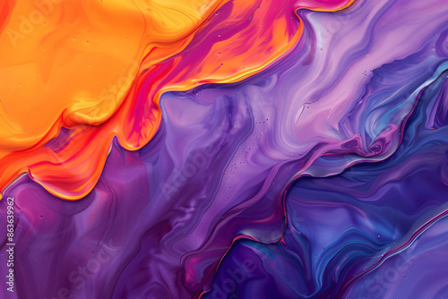 Abstract background with colorful waves of fluid liquid, oil painting style, vibrant colors, glowing light effects, orange and purple color gradient, high resolution, detailed texture, top view