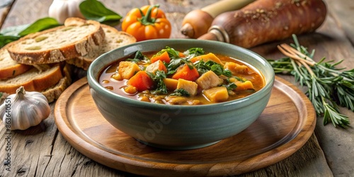 Vegetable and chicken stew with carrots and spinach, served with bread on a wooden table. Suitable for a gluten-free diet.