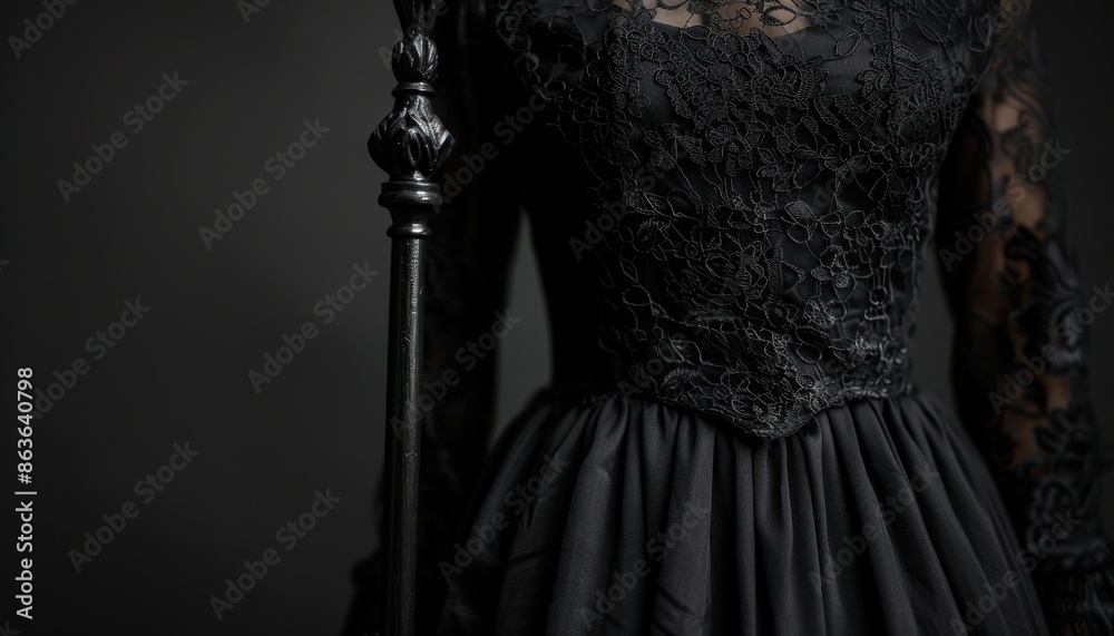 Fototapeta premium Close-up of a person in a detailed black lace dress holding a black cane. The background is dark, emphasizing the dress and cane.