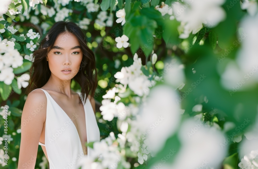 .Glamorous Asian bride in white dress in flowers ethereal white and green garden of eden aesthetic .Glamorous Asian bride in white dress in flowers ethereal white and green garden of eden aesthetic
