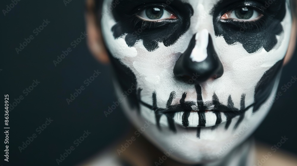 Naklejka premium Close-up of a person's face painted in a spooky skeleton design for Halloween, showing detailed black and white makeup art.