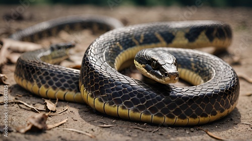Close-up of a snake with a detailed view of its scales and head, coiled and resting on the ground.