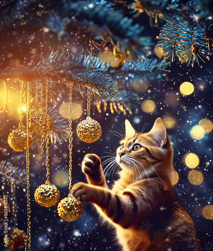 猫とクリスマスの飾り付け