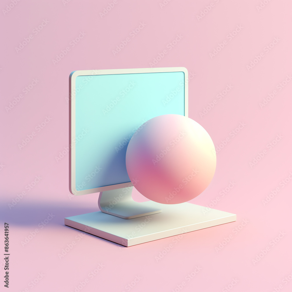 3d pink sphere and a desktop monitor 3d pink sphere and a desktop monitor