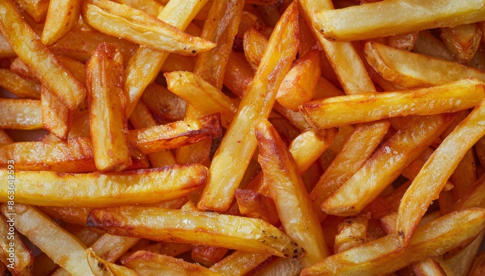 Close up of perfectly crispy and golden brown deep fried french fries for a mouthwatering texture Close up of perfectly crispy and golden brown deep fried french fries for a mouthwatering texture