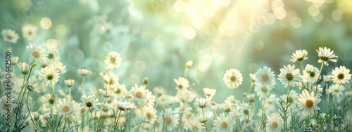  A field filled with daisies under the sun, trees transmitting sunlight, and grass in the foreground