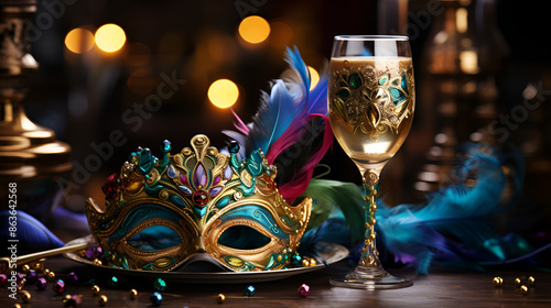  Colorful mask and bubbly champagne, perfect for a festive occasion.