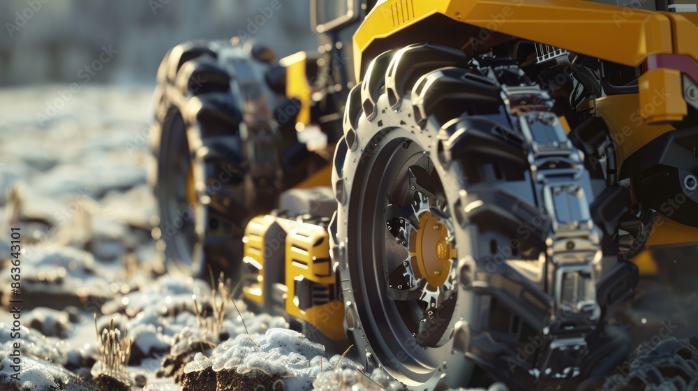 Innovative farming tools new wheel and tire detailed technology close up room for replication snow clearing gear or grass cutter Innovative farming tools new wheel and tire detailed technology close up room for replication snow clearing gear or grass cutter