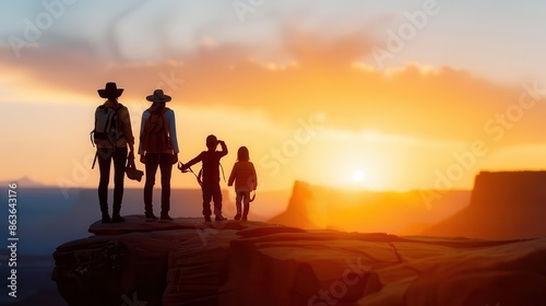 Family exploring a national park, taking in the breathtaking views, capturing travel memories selective focus, focus on, park exploration, whimsical, Silhouette, panoramic vista backdrop
