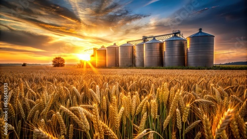 Field of wheat at sunset with grain silos in the background, sunset, wheat, field, agriculture, rural, farm, landscape