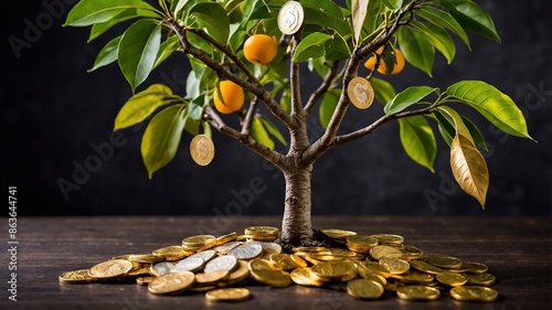 Money Tree. A tree on which coins, bitcoin, loddars hang. Cryptocurrency, currency exchange, online casino, jackpot photo