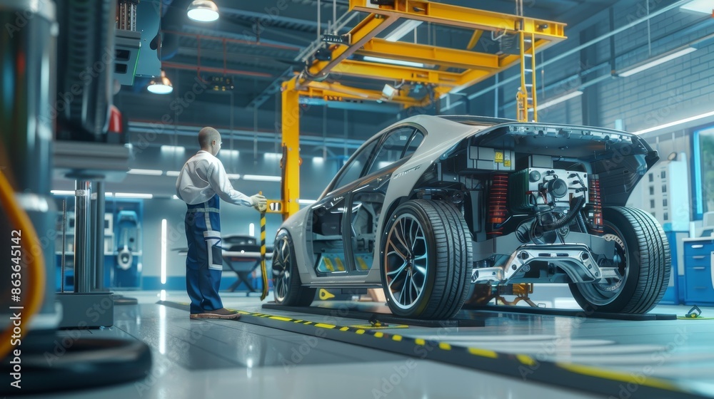Revolutionizing Auto Care Expert Technician Inspects CuttingEdge Hybrid Car on Lift in Mechanic's Workshop Revolutionizing Auto Care Expert Technician Inspects CuttingEdge Hybrid Car on Lift in Mechanic's Workshop