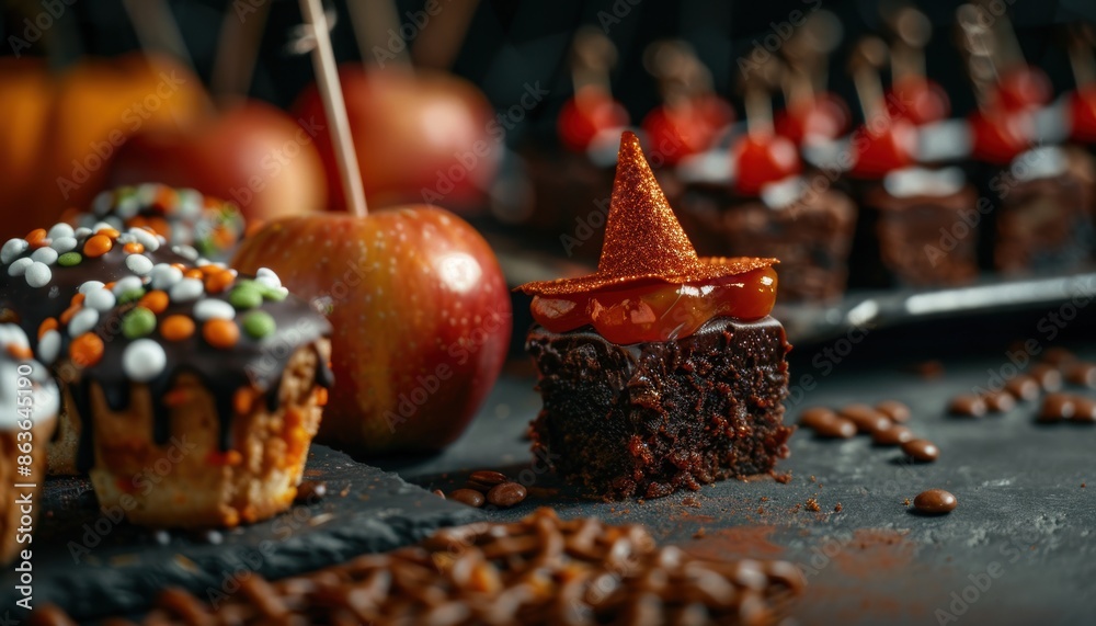 Halloween dessert table with chocolate cupcakes, candied apples, and festive brownie bites decorated for the holiday. Halloween dessert table with chocolate cupcakes, candied apples, and festive brownie bites decorated for the holiday.